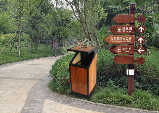 公園方形戶(hù)外鋼木單桶垃圾桶戶(hù)外擺放圖: